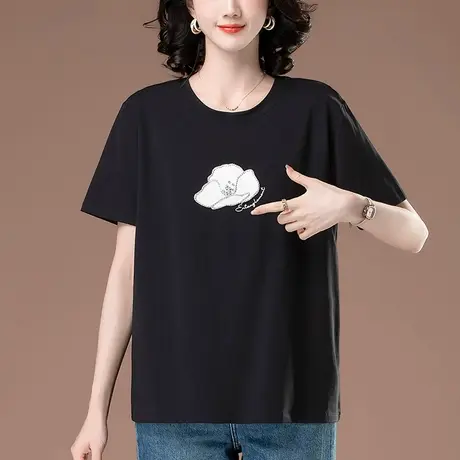 短袖t恤女夏季新款加肥加大码女装宽松纯棉洋气印花镶钻半袖体恤商品大图