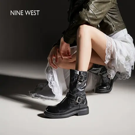 Nine West/玖熙骑士靴女冬真皮厚底马丁靴加绒短靴中筒牛皮革图片