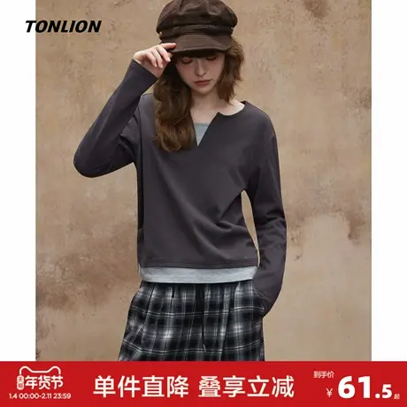 唐狮2026秋季新款长袖T恤女假两件撞色拼接半开领百搭气质上衣商品大图