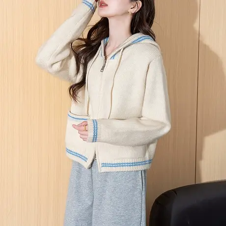 唐狮秋冬温柔撞色条设计连帽开衫女针织外套春秋高级感毛衣女tu图片