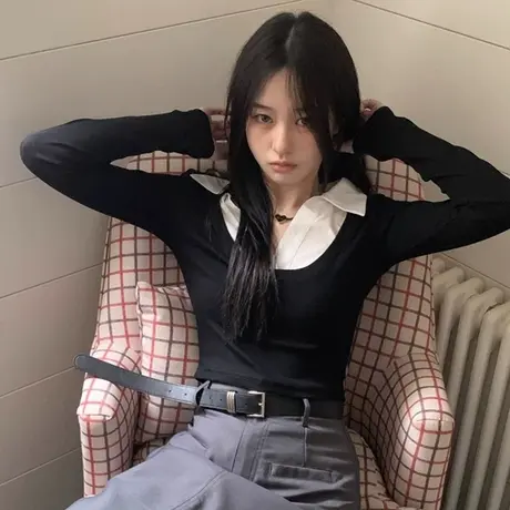 别致独特假两件辣妹长袖T恤女秋季设计感小众修身显瘦短款上衣ins商品大图