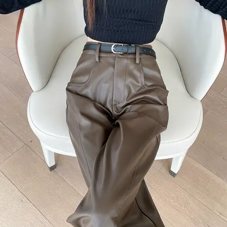 复古美拉德棕色西装PU皮裤女冬季新款高腰直筒宽松垂感直筒阔腿裤商品大图