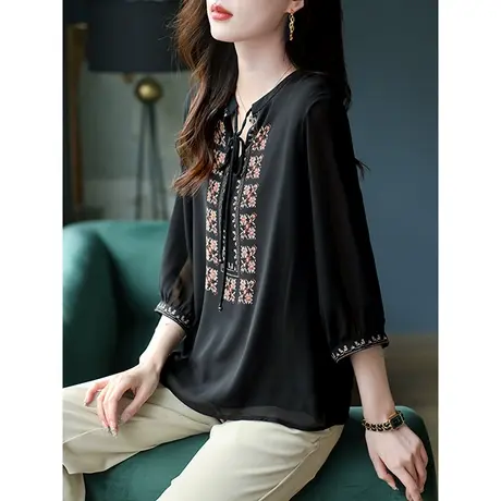 宝诗黎七分袖印花系带雪纺衫女2023新款圆领时髦上衣薄款秋季时装商品大图