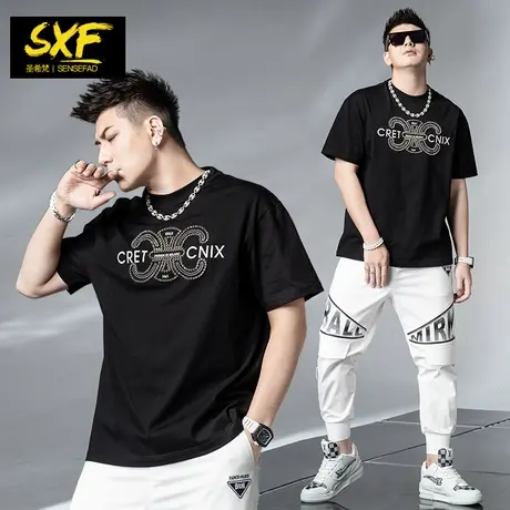 SXF圣希梵短袖男潮牌 新款港风铆钉上衣宽松半袖纯棉体恤男士T恤商品大图