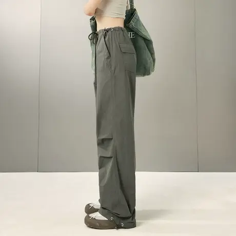 复古美式降落伞裤军绿色工装宽松裤子高腰显瘦直筒阔腿裤ins潮酷商品大图