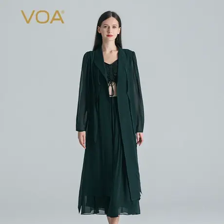 VOA孔雀绿乔其纯桑蚕丝翻领长袖绑带直筒轻盈真丝风衣开衫图片