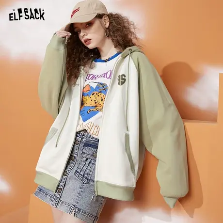 妖精的口袋撞色连帽百搭卫衣外套女2023秋季新款宽松运动休闲开衫图片