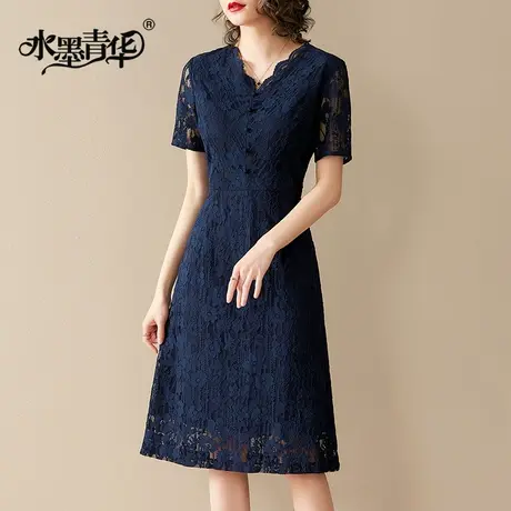 水墨青华新款夏季百搭打底裙简约修身蕾丝裙优雅显瘦连衣裙商品大图