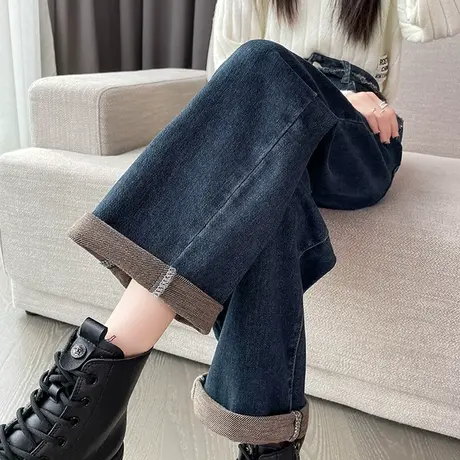 阔腿牛仔裤女春秋季2024年新款高腰小个子直筒宽松显瘦垂感卷边裤商品大图