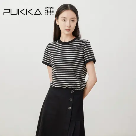 蒲PUKKA原创2023春夏长绒棉黑白条纹圆领短袖套头T恤针织衫商品大图