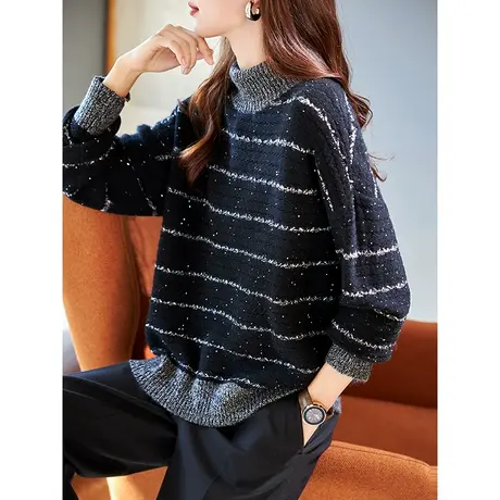 宝诗黎半高领亮片条纹套头毛衣2024春秋季新款长袖慵懒宽松针织衫图片