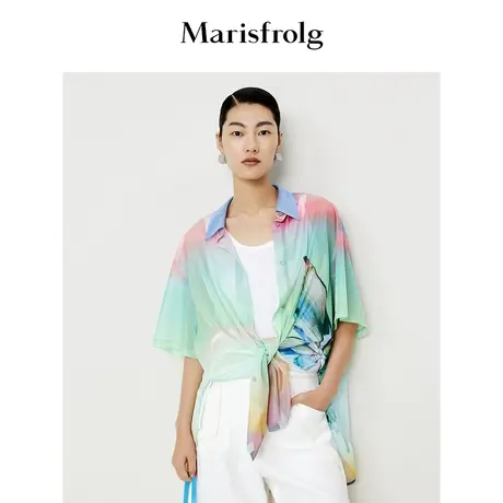 【艺术家联名】玛丝菲尔2023年夏季新款渐变蝴蝶印花轻薄短袖衬衫图片