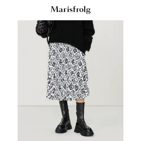 【言选好物】玛丝菲尔冬季黑白雪花莲印花宽松半身裙商品大图