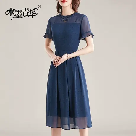 水墨青华女装新款时尚舒适花色裙子短袖大摆型雪纺连衣裙夏图片