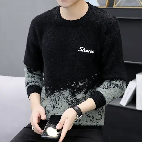 青少年水貂绒毛衣男加厚秋冬季学生潮流半高领打底针织衫2021新款商品大图