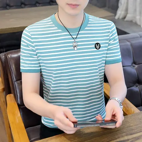 正品圆领男士短袖t恤夏季条纹纯棉打底衫商务休闲绣花半袖体恤衫商品大图