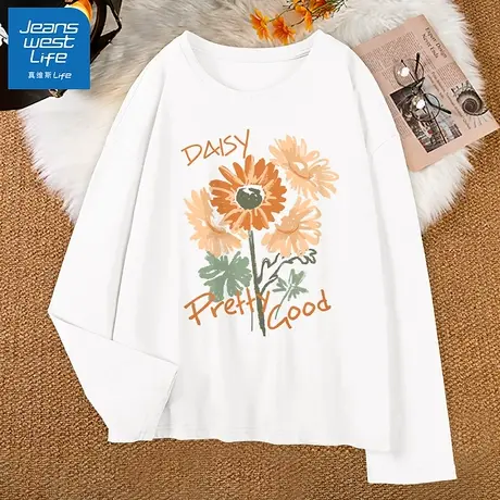 真维斯LIFE系列长袖t恤女夏天薄款宽松白色纯棉打底衫夏季内搭潮图片