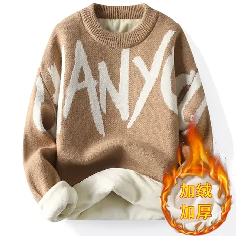 2023秋冬季加绒加厚毛衣男士韩版潮流圆领针织衫线衣宽松保暖外套商品大图
