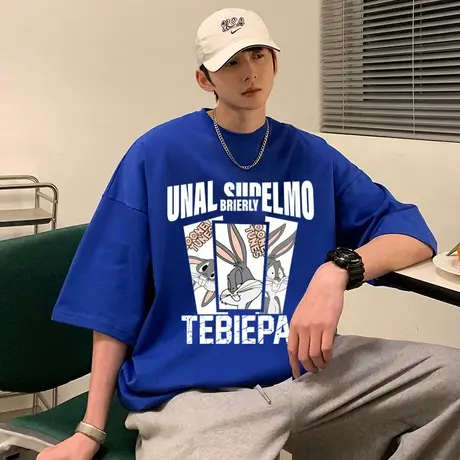 美式卡通短袖T恤男夏季纯棉半袖重磅嘻哈oversize小众高街潮牌ins商品大图