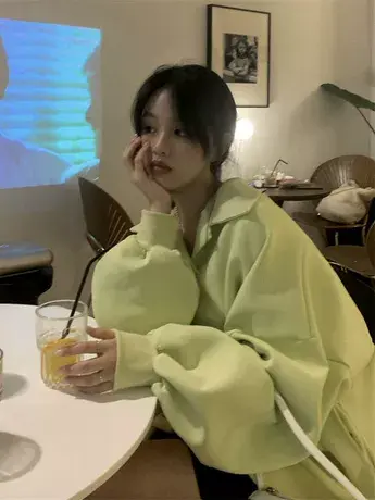 春秋季polo领卫衣女胖mm大码设计感小众宽松bf慵懒风外套200斤潮商品大图