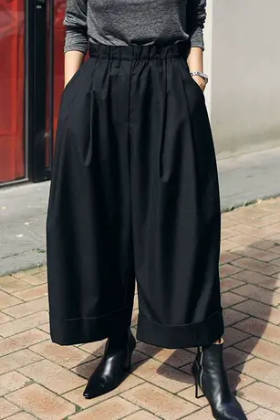 纯诗曼春秋新款松紧腰休闲阔腿裤女韩版休闲时尚百搭黑色时尚裤子图片