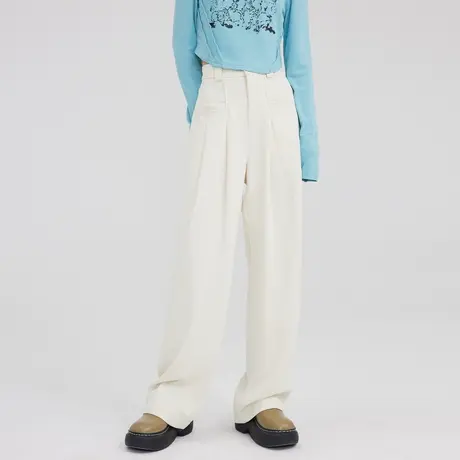 尔给宽松休闲高腰阔腿裤女2022年新款拖地裤杏色垂感直筒裤子春秋商品大图