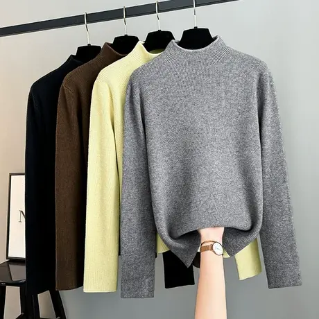 法式秋冬半高领毛衣设计感宽松内搭打底针织衫加厚纯色2025年新款商品大图