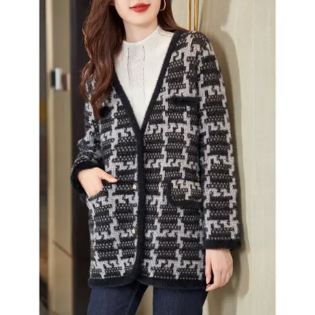 宝诗黎亮丝小香风V领外套女时尚设计感2023秋季新款针织开衫上衣商品大图