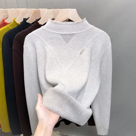 一体绒半高领毛衣女加绒加厚打底衫2023秋冬新款针织衫内搭上衣潮商品大图