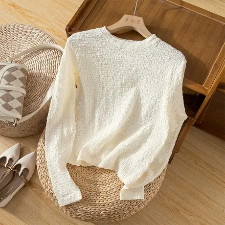 享永子长袖T恤女文艺复古宽松气质百搭上衣软糯休闲2024秋季新款图片