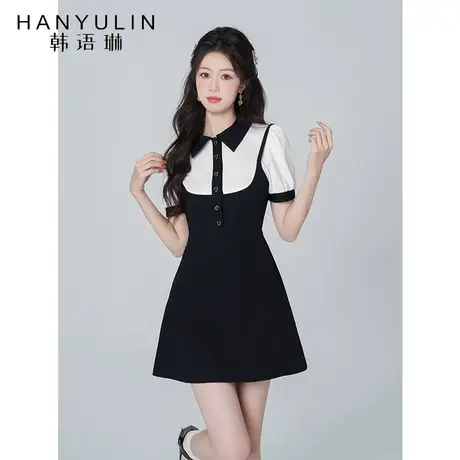 韩语琳假两件背带连衣裙女2023年夏季新款学院风高级感黑色短裙子图片