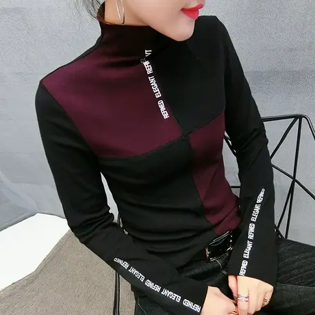 半高领加绒打底衫女长袖秋冬加厚内搭磨毛T恤女设计感拼色上衣潮商品大图