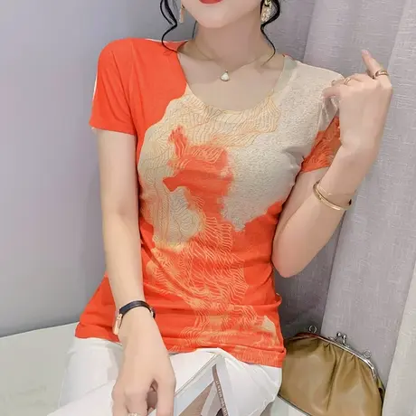 欧货印花短袖上衣女设计感小众拼色洋气T恤2024潮流网红修身小衫商品大图