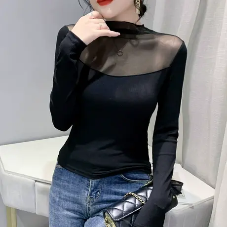 网纱拼接打底衫女长袖2024秋装新款性感镂空气质上衣百搭修身T恤图片