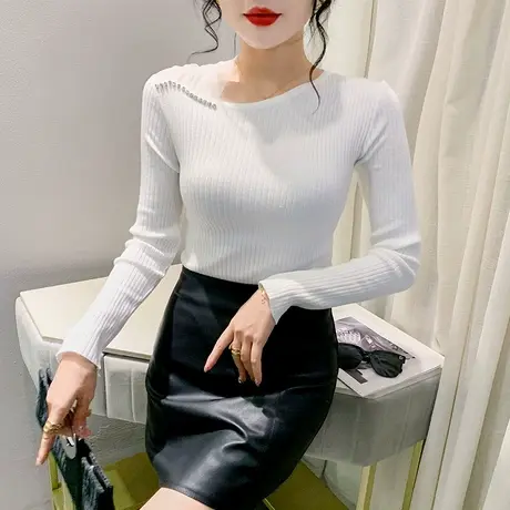 性感网纱字母拼接针织衫欧货烫钻斜V领打底衫洋气露肩套头打底衫商品大图