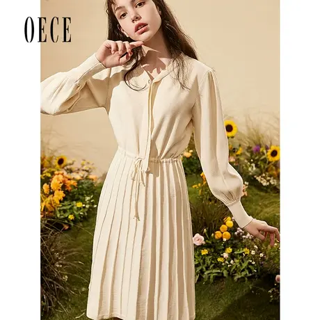 Oece秋冬法式恬静风甜美系带高腰百褶裙长袖连衣裙图片