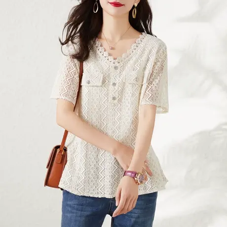 洋气质别致蕾丝上衣女夏季2023新款雪纺衫短袖薄款时尚遮肚子大码图片