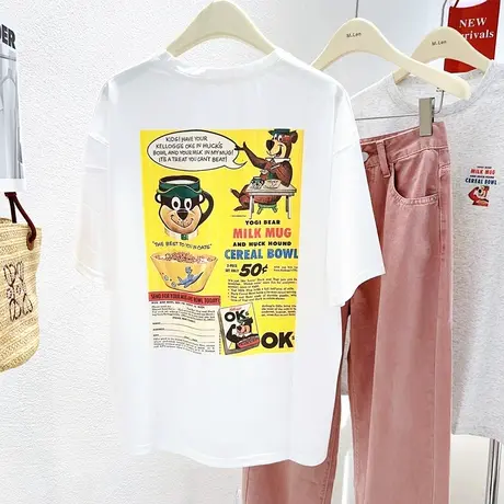 韩国东大门漫画小熊短袖上衣2023夏新款ins休闲慵懒风纯棉T恤大码商品大图