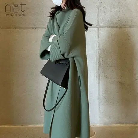 百洛安宽松大码毛衣外套女2024春装新款圆领廓形长款针织大衣外搭商品大图