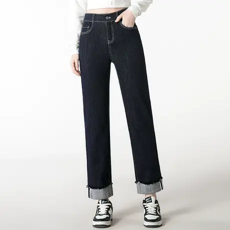 窄版卷边直筒牛仔裤女2023年新款春季高腰显瘦翻边烟管裤九分裤子商品大图