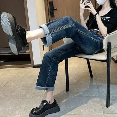 阔腿牛仔裤女春季2024年新款高腰复古宽松显瘦窄版做旧直筒长裤潮商品大图