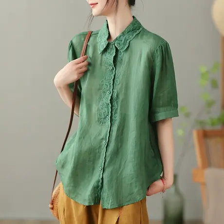 dza 复古白色苎麻衬衫女2023夏薄款短袖衬衣宽松显瘦棉麻开衫上衣图片