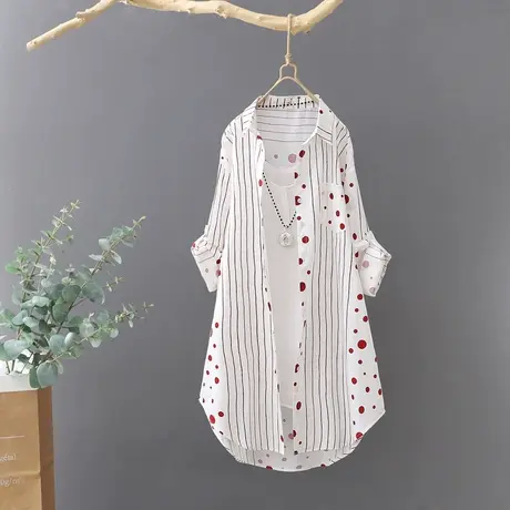 韩范中长款条纹波点印花衬衫女长袖宽松夏季防晒衬衣薄外套开衫潮商品大图