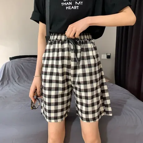 格子运动短裤女夏宽松高腰休闲中裤显瘦百搭直筒港味五分阔腿裤女图片