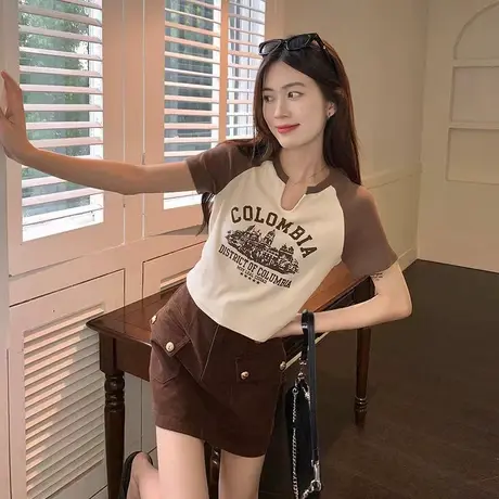 复古美式印花t恤女正肩短袖2024新款内搭打底衫修身显瘦纯棉上衣商品大图