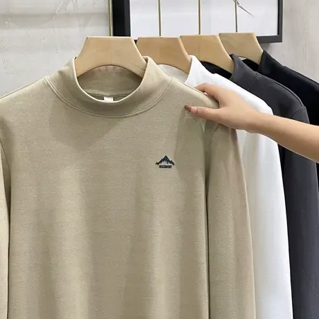 德绒半高领打底衫男内搭秋冬新款修身潮流ins印花中领t恤男士长袖商品大图