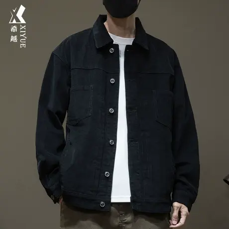 2024春秋季新款灯芯绒运动外套男工装纯棉夹克男士大码翻领男款黑商品大图