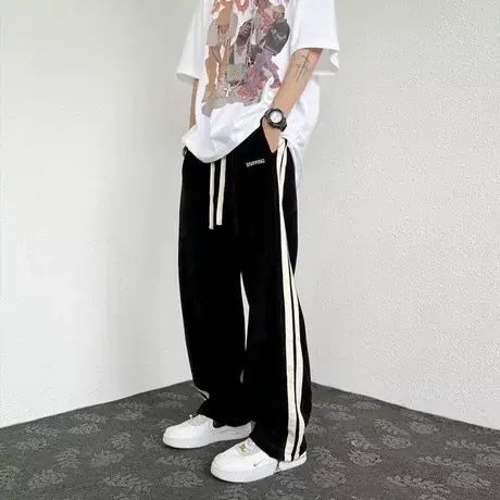 美式oversize侧边条纹灯芯绒抽绳直筒运动裤男国潮牌百搭休闲长裤商品大图