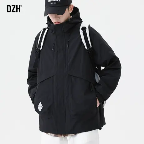 男士秋季外套男潮牌宽松美式冲锋衣2023新款男款工装连帽黑色夹克商品大图