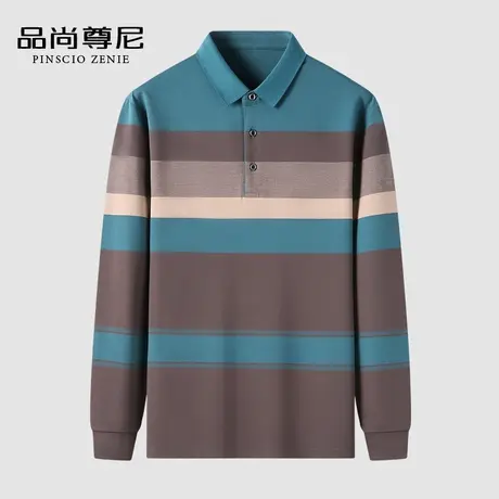 【亲肤透气】撞色条纹长袖T恤POLO衫男士中老年上衣显年轻爸爸装商品大图